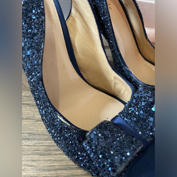 Kate Spade"Charm" Blue Glitter‎ Slingback Bow Peep Toe Pumps Heels Size 6.5 - Picture 2 of 9